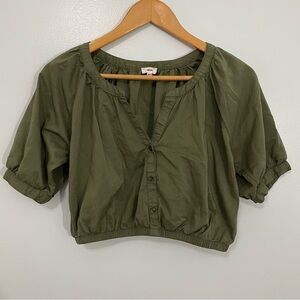 Aerie Olive Green Split Henley Neck Bubble Sleeve Cropped Women's Top XS